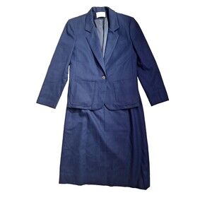 Vtg Pendleton Navy Blue 100% Wool 2pc Blazer‎ Pencil Skirt Suit Size 8P Heritage